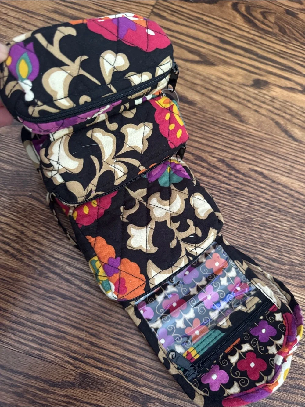 Vera Bradley Suzani pattern quilted rollable stacked zipper pockets tie top bag